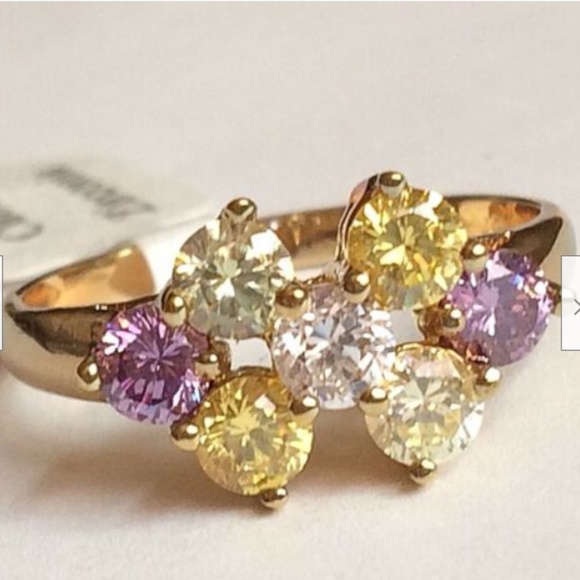 Gold Cocktail Ring Size 9 Amethyst Citrine Yellow Purple Cubic Zirconia Plated - Picture 3 of 8